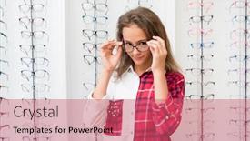  Presentation with optical - Beautiful theme featuring teenage girl with a black glasses standing in the optical store backdrop and a coral colored foreground