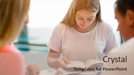  Presentation with researching from books or library - Beautiful presentation design featuring teenage girl with books studying backdrop and a coral colored foreground