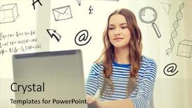  Presentation with learning technology - PPT theme with teenage girl with laptop computer background and a mint green colored foreground