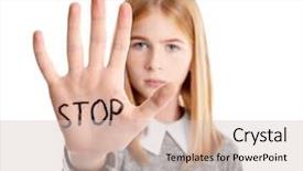  Presentation with stop violence against children - Presentation design consisting of teenage girl with word stop background and a soft green colored foreground