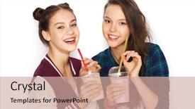  Presentation with yogurt fruits milk shake - Beautiful PPT theme featuring teenage girls drinking milk shake backdrop and a coral colored foreground