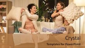  Presentation with pajama - PPT theme having teenage girls having pillow fight background and a  colored foreground