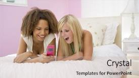  Presentation with text message - Amazing presentation theme having teenage girls lying on bed reading a text message backdrop and a soft green colored foreground