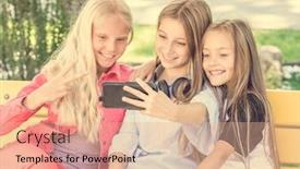  Presentation with friendship day - Theme featuring teenage girls making selfie outdoors while sitting on the bench happy friends in the park on a sunny day happy friendship concept background and a coral colored foreground