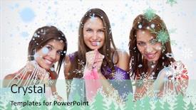  Presentation with snowflakes - Amazing PPT layouts having teenage girls proudly coming back from shopping against snowflakes and fir trees in green backdrop and a mint green colored foreground