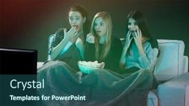  Presentation with horror movie - PPT layouts having teenage-girls-watching-horror-movie background and a ocean colored foreground