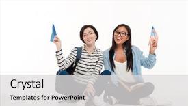  Presentation with students - PPT theme having teenage identity - two young smiling female students background and a light gray colored foreground