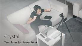  Presentation with online streaming - Cool new slide deck with teenage-influencer-streaming-content-online backdrop and a light gray colored foreground