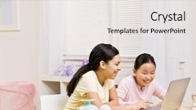  Presentation with internet - Slide deck featuring teenage life - happy sisters use laptop background and a  colored foreground