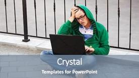  Presentation with green city - Amazing slide deck having teenage life - young man using laptop backdrop and a  colored foreground