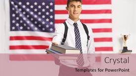  Presentation with usa flag - Slide set with teenage-male-student-giving-books background and a coral colored foreground
