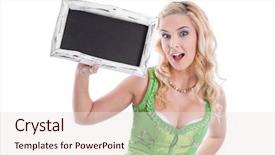  Presentation with malaysian traditional dress - Colorful presentation design enhanced with teenage party invitations - blond woman holding an empty backdrop and a  colored foreground