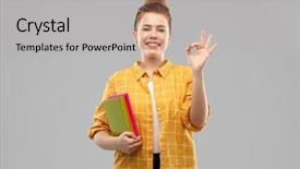  Presentation with high school - Audience pleasing PPT theme consisting of teenage student girl with book backdrop and a light gray colored foreground