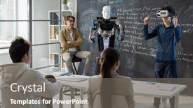  Presentation with classmates - Colorful slide set enhanced with teenage-student-with-vr-headset backdrop and a gray colored foreground