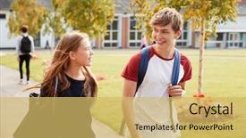  Presentation with college campus - Amazing presentation design having teenage students walking around college backdrop and a yellow colored foreground