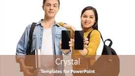  Presentation with backpacks - Colorful presentation design enhanced with teenage students with books and backpacks showing phones isolated on white background backdrop and a red colored foreground