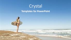  Presentation with sound waves wave oscillating - Beautiful PPT theme featuring teenage surfer girl checking the waves backdrop and a teal colored foreground