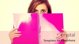  Presentation with teenage - Slide deck enhanced with teenage woman hiding her face behind a notebook background and a coral colored foreground