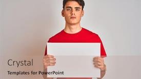  Presentation with advertising - Cool new slides with teenager-boy-holding-advertising-banner backdrop and a coral colored foreground