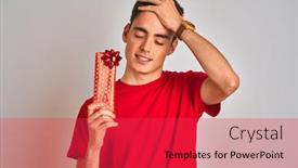  Presentation with birthday boy - Audience pleasing presentation theme consisting of teenager boy holding birthday gift over isolated background stressed with hand on head shocked with shame and surprise face angry and frustrated fear and upset for mistake backdrop and a red colored foreground