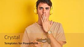  Presentation with video games playing - Presentation theme consisting of teenager boy playing video games using gamepad over isolated yellow background cover mouth with hand shocked with shame for mistake expression of fear scared in silence secret concept background and a gold colored foreground