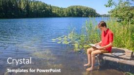  Presentation with crayons - Amazing PPT layouts having teenager-boy-sitting backdrop and a gray colored foreground