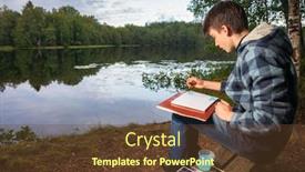  Presentation with wooden christian cross religious concept - Colorful slide deck enhanced with teenager-boy-sitting backdrop and a tawny brown colored foreground