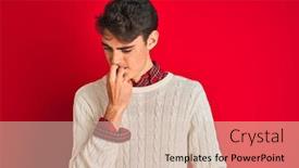  Presentation with pink nails - Beautiful slide deck featuring teenager boy wearing a sweater standing over pink isolated background looking stressed and nervous with hands on mouth biting nails anxiety problem backdrop and a lemonade colored foreground