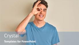  Presentation with eye - Presentation theme featuring teenager boy wearing casual t-shirt standing over isolated background doing ok gesture with hand smiling eye looking through fingers with happy face background and a teal colored foreground