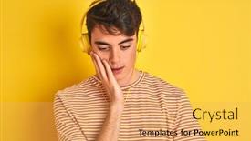  Presentation with headphones - Presentation design featuring teenager-boy-wearing-headphones-over background and a yellow colored foreground