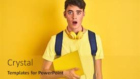  Presentation with backpack - Audience pleasing presentation design consisting of teenager boy wearing headphones and backpack reading a book over isolated background scared in shock with a surprise face afraid and excited with fear expression backdrop and a gold colored foreground