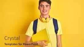  Presentation with backpack - Presentation design having teenager boy wearing headphones and backpack reading a book over isolated background with a happy face standing and smiling with a confident smile showing teeth background and a gold colored foreground