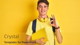  Presentation with headphones - Amazing PPT theme having teenager-boy-wearing-headphones backdrop and a gold colored foreground