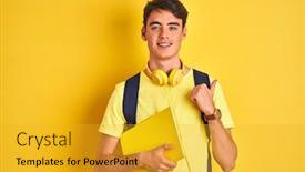  Presentation with headphones - Colorful presentation design enhanced with teenager-boy-wearing-headphones backdrop and a gold colored foreground