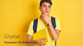  Presentation with backpack - PPT layouts consisting of teenager-boy-wearing-headphones background and a gold colored foreground