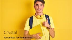  Presentation with backpack - PPT layouts consisting of teenager-boy-wearing-headphones background and a gold colored foreground