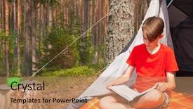  Presentation with boy scout - Beautiful slide deck featuring teenager boy wearing red tshirt backdrop and a coral colored foreground
