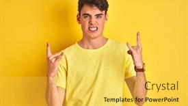  Presentation with yellow music - Slide set with teenager boy wearing yellow t-shirt over isolated background shouting with crazy expression doing rock symbol with hands up music star heavy concept background and a yellow colored foreground