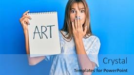  Presentation with art - PPT theme having teenager-caucasian-girl-holding-art background and a light blue colored foreground