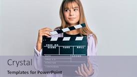  Presentation with clapboard - Presentation theme consisting of teenager-caucasian-girl-holding-video background and a light blue colored foreground