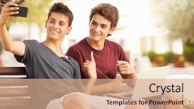  Presentation with teenage - Audience pleasing PPT theme consisting of teenager cell phone - two teenage boys sitting backdrop and a coral colored foreground