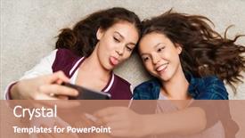  Presentation with teenage - Cool new PPT layouts with teenager cellphone - happy teenage girls on floor backdrop and a coral colored foreground
