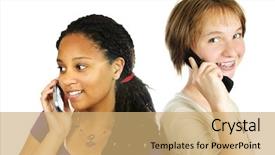  Presentation with cell phones - Presentation theme enhanced with teenager cellphone - isolated portrait of two teenage background and a  colored foreground