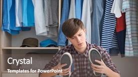  Presentation with manufacture shoes - Presentation design featuring teenager choosing shoes near wardrobe background and a  colored foreground
