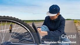  Presentation with knee - PPT theme with teenager-fell-off-bicycle-boy background and a ocean colored foreground