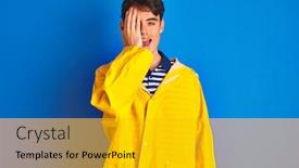 Presentation with fisherman - Beautiful PPT theme featuring teenager fisherman boy wearing yellow raincoat over isolated background covering one eye with hand confident smile on face and surprise emotion backdrop and a gold colored foreground