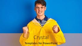  Presentation with fisherman - Audience pleasing slide set consisting of teenager fisherman boy wearing yellow raincoat over isolated background very happy and excited doing winner gesture with arms raised smiling and screaming for success celebration concept backdrop and a gold colored foreground