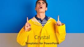  Presentation with fisherman - Colorful presentation design enhanced with teenager fisherman boy wearing yellow raincoat over isolated background amazed and surprised looking up and pointing with fingers and raised arms backdrop and a gold colored foreground