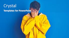  Presentation with fisherman - PPT theme having teenager fisherman boy wearing yellow raincoat over isolated background with sad expression covering face with hands while crying depression concept background and a teal colored foreground