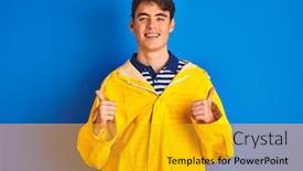  Presentation with fisherman - Presentation theme enhanced with teenager fisherman boy wearing yellow raincoat over isolated background success sign doing positive gesture with hand thumbs up smiling and happy cheerful expression and winner gesture background and a gold colored foreground